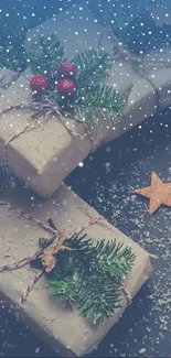 Snowy gift boxes with green and red festive decorations.