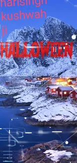 Snowy village at dusk with Halloween-themed text overlay.