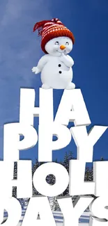 Festive mobile wallpaper with snowman and Happy Holidays text.