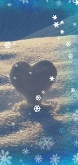 Heart-shaped snow surrounded by snowflakes on a cold, blue gradient background.