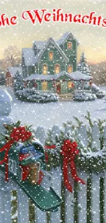 Festive winter wallpaper with snow-covered house and decorations.