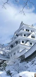 Snow-covered Japanese castle under a blue sky.