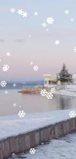 Snowy lakeside scenery with a tranquil, wintry atmosphere at 1:33 PM.