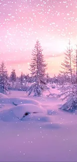 Snowy landscape with pink sky and falling snow at sunset.