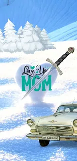 Snowy landscape wallpaper with vintage car and 'Love You Mom' heart.