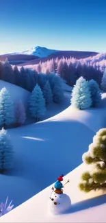 Snowy landscape with trees and snowman on a sunny day.