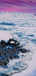 Snowy mountain landscape with purple sky and cabin.