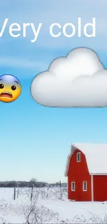 Red barn in snowy field with winter emoji and blue sky.