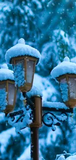 Snow-covered lanterns with a serene winter backdrop, evoking tranquil beauty.