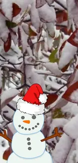 Snowman with red hat among snowy leaves on mobile wallpaper.