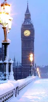 Snowy London scene with Big Ben and lit street lamps at dusk.