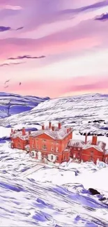 Snow-covered landscape with red mansion under purple sky.