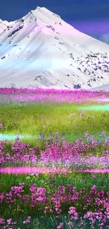 Snow-covered mountains with pink flowers in a lush green field.