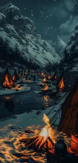 Snowy mountain campsite at night with tents and a glowing campfire.