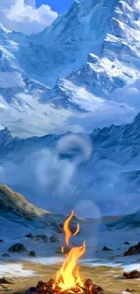 Snowy mountain landscape with campfire.