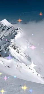 Snowy mountain with colorful stars over serene landscape.