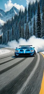 Blue sports car drifting on snowy mountain road.
