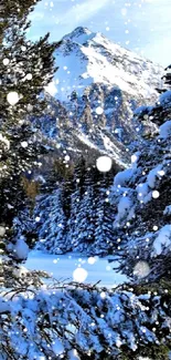 Snowy forest with mountain peak in winter scene.