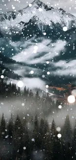 Snowy mountain forest with falling snowflakes.