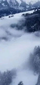 A serene snowy mountain forest with mist and frosted trees.