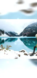 Serene snowy mountain lake with winter scenery and woman in warm clothing.