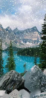 Snowy mountain lake with pines and rocks under a gentle snowfall.