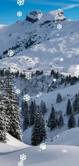 Serene snowy mountain landscape with pine trees and blue sky.