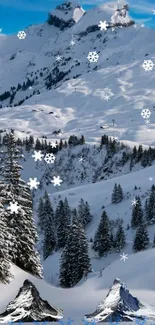 Snowy mountain landscape with trees and snowflakes.