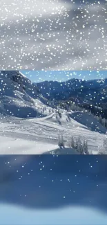 Serene snowy mountain wallpaper with falling snowflakes.