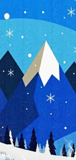 Cartoon snowy mountain scene with vibrant blue sky and snowflakes.