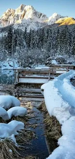 Snowy mountain path with wooden bridge and winter landscape.