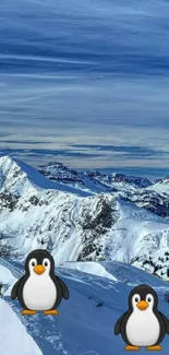 Snowy mountain vista featuring penguin emojis under a blue sky.