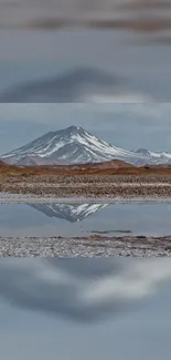 Snowy mountain with lake reflection, tranquil scene.