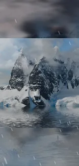 Snowy mountain peaks reflected in calm water under a cloudy sky.