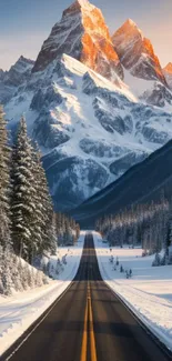 Snow-covered road leading to a majestic mountain at sunrise.