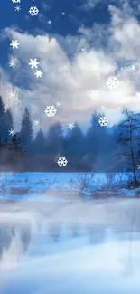 Serene snowy mountain landscape with mist and snowflakes.