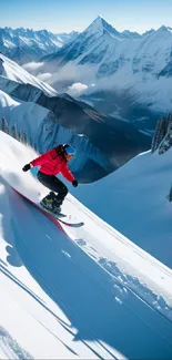 Skier in red jacket gliding down a snowy mountain with clear blue sky backdrop.