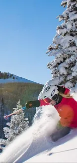 Skiing adventure on snowy mountain under bright blue sky.