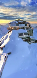 Snowy mountain peak with a sunset and cabin, creating a serene and stunning view.