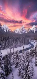 Snowy mountain landscape with vibrant sunset sky over frosty forest.