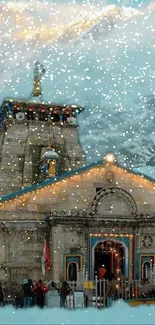 Temple surrounded by snow with mountains in the background.