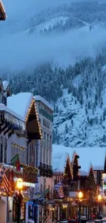 Snowy mountain town with festive lights.