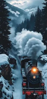 Train cutting through snowy mountains in winter.