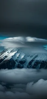 Snow-capped mountain with dark clouds hovering above, creating a moody atmosphere.