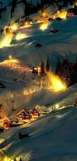 Peaceful snowy mountain village at night with cozy illuminated houses.