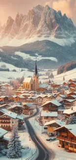 Snowy village with mountains under a warm sunset glow.