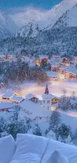 Snowy village nestled in winter mountains with trees and serene ambiance.