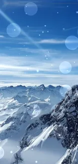 Snow-covered mountains under a clear blue sky with light effects.