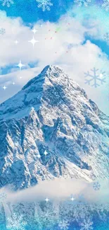 Snowy mountain with blue sky and snowflakes in digital art wallpaper.