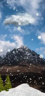 Snowy mountain wallpaper with blue sky and falling snowflakes.